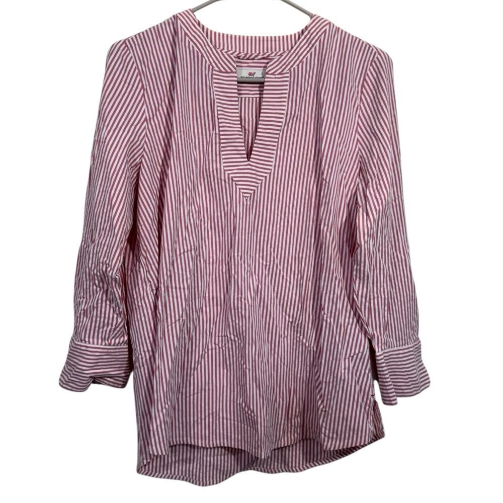 Vineyard Vines Pink & White Striped Split Neckline Long Sleeve Blouse